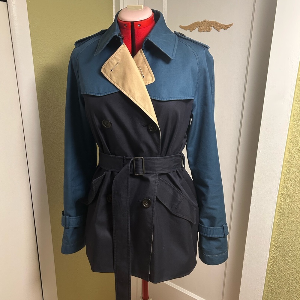 Coach Women's Navy French Blue and Tan Color Block Trench Coat